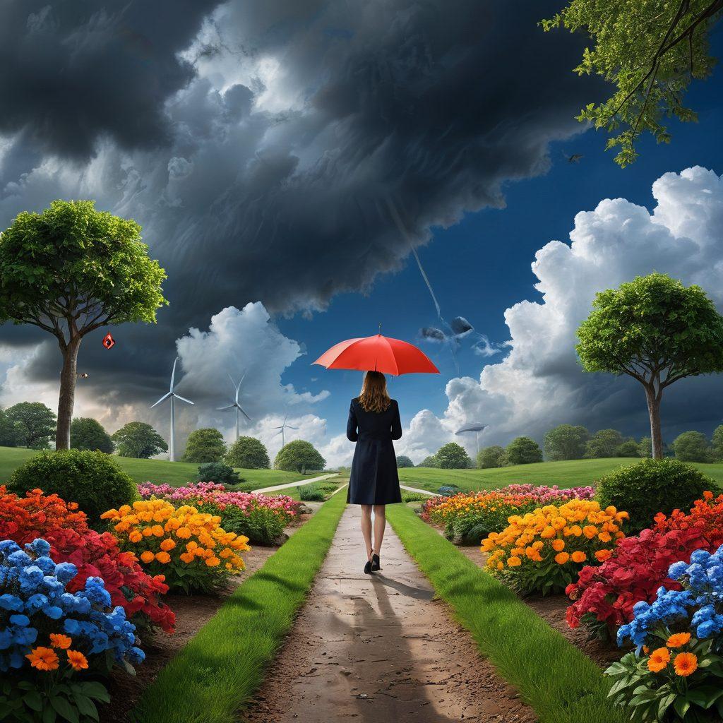 A confident individual standing at a crossroads, contemplating two paths symbolizing risk and reward. One path leads to a flourishing garden representing smart insurance choices, while the other leads to a stormy landscape symbolizing uncertainty. Include visual elements like insurance icons and dollar signs in the garden, and dark clouds and broken umbrellas on the stormy path. The scene should convey a sense of empowerment and clarity. vibrant colors. 3D.