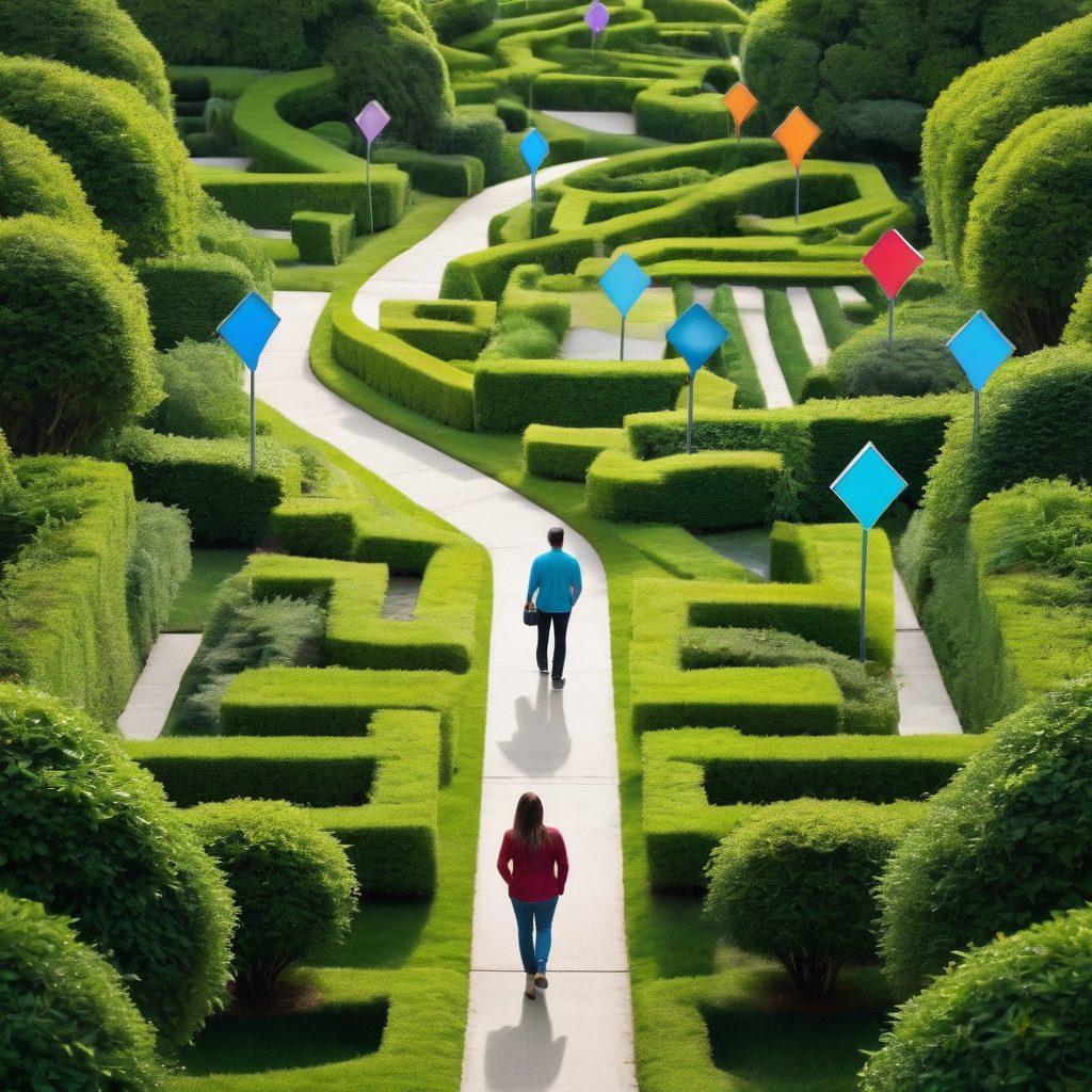 A person standing at a crossroads, surrounded by various insurance policy symbols like home, health, auto, and life insurance, all illustrated as colorful signposts. The background features a maze made of hedges, symbolizing the complexity of navigating through insurance choices. A light bulb above the person's head suggests a moment of realization or understanding. The scene is bright and inviting, reflecting a sense of hope and clarity amidst confusion. vibrant colors. 3D.